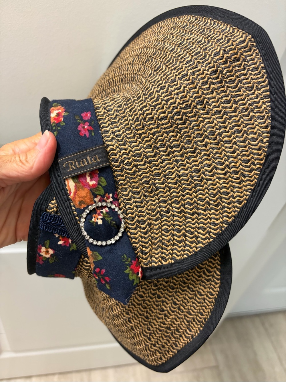 C.C Floral Trim Straw Visor - Navy, Natural & Black